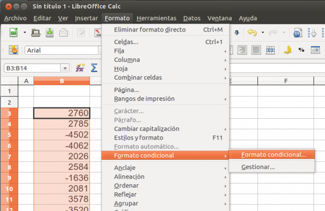 Menú formato condicional en Calc