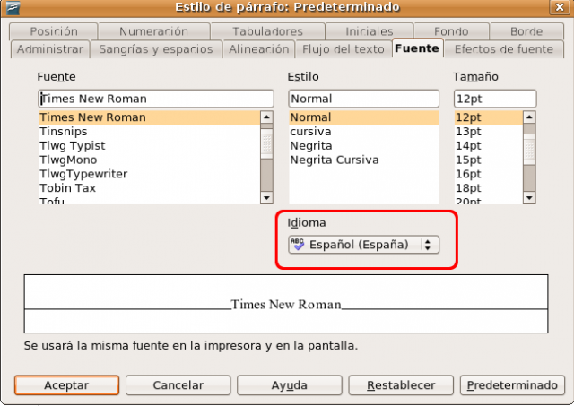 Idioma en estilo de párrafo