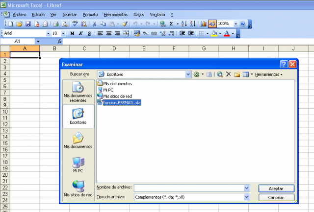Seleccionar complemento a instalar en Excel 2003