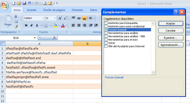 Complemento instalado en Excel 2007